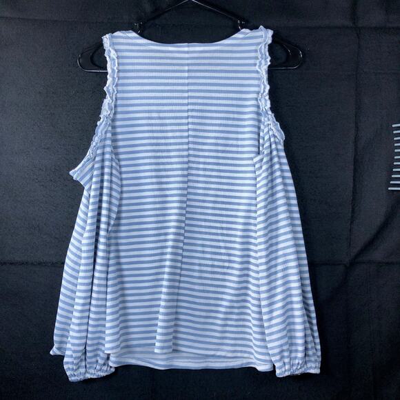 LC Lauren Conrad Womens Shirt Blue White Striped Cold Shoulder Long Sleeve Small - Picture 9 of 11